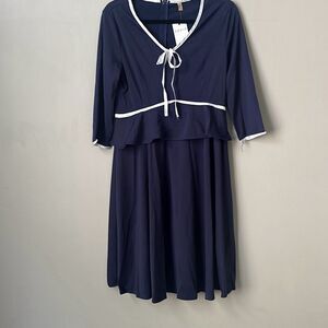 NWT Zeela Dress Womens Medium Navy Blue White 3/4 Sleeve V-Neck Career